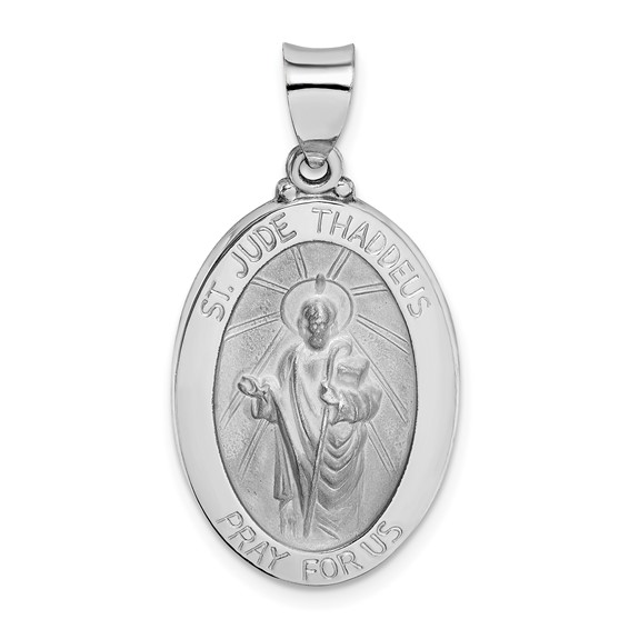 14kt White Gold 1in Hollow Oval St Jude Medal