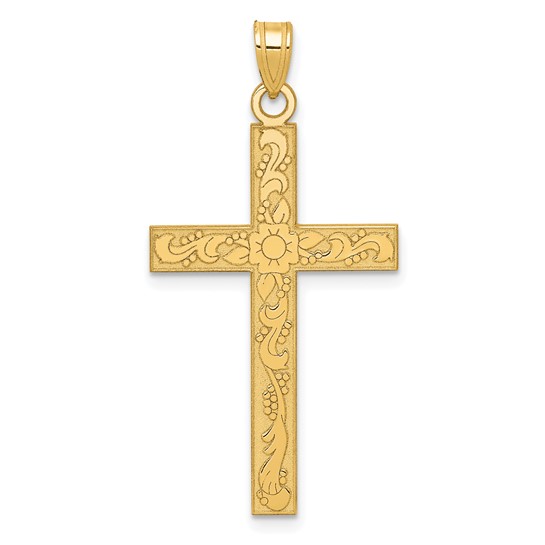 14k Yellow Gold Floral Cross Pendant 1 1/8in