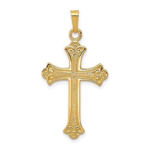 14k Yellow Gold Textured Fleur de Lis Cross Pendant 1in