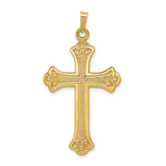14k Yellow Gold Textured Fleur de Lis Cross Pendant 1.25in