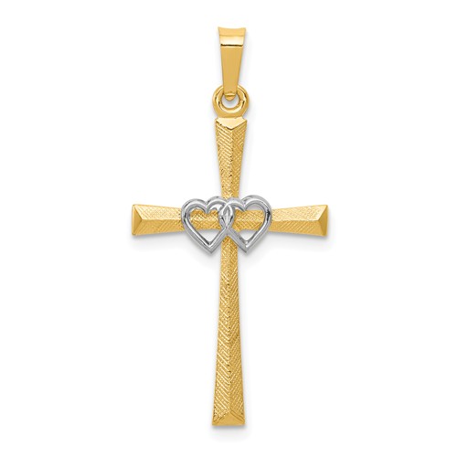 14k Two-tone Gold Cross and Hearts Pendant 1in