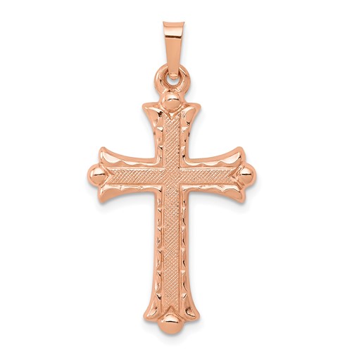 14k Rose Gold Hollow Budded Cross Pendant 1in