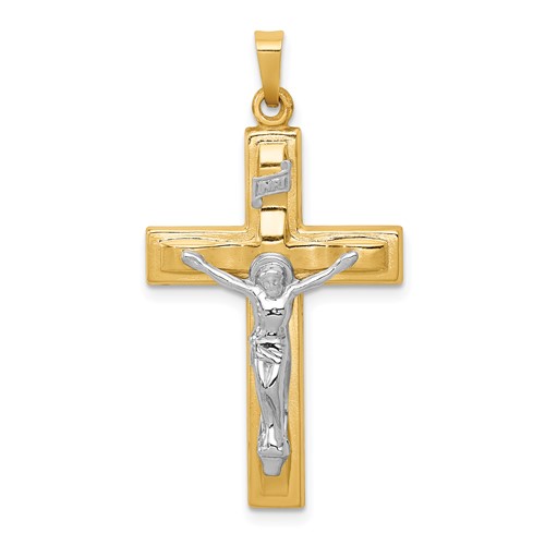 14k Two-tone Raised Block INRI Crucifix Pendant 1.25in