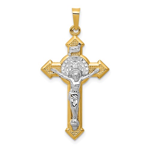 14k Two-tone Gold Pointed Crucifix and St Benedict Pendant 1.25in
