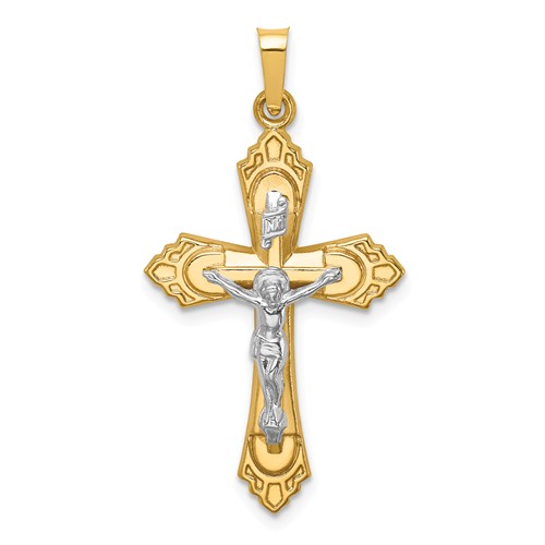14k Two-tone Gold Hollow Pointed Fleur de Lis INRI Crucifix 1in