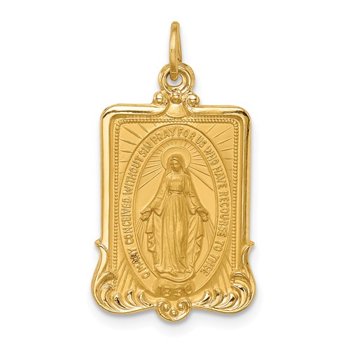 14k Yellow Gold Polished Satin Rectangle Framed Miraculous Medal 3/4in