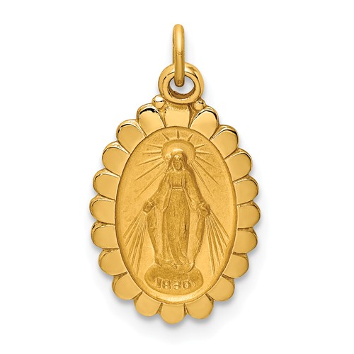 14k Yellow Gold Polished Satin Oval Scalloped Miraculous Medal 1/2in