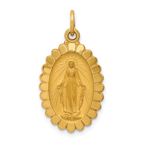 14k Yellow Gold Polished Satin Oval Scalloped Miraculous Medal 3/4in
