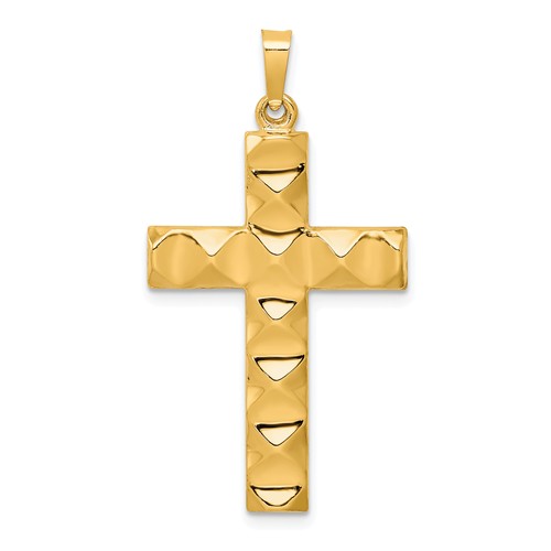 14k Yellow Gold Hollow Polished Textured Cross Pendant 1in