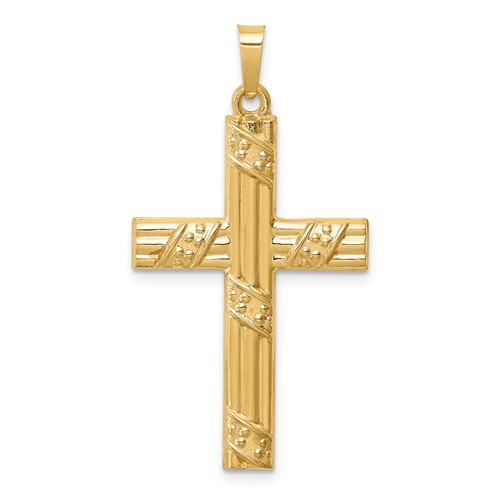 14k Yellow Gold Hollow Polished Textured Striped Latin Cross 1in