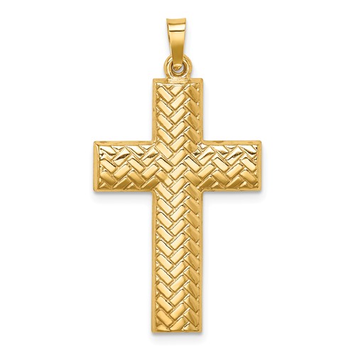 14k Yellow Gold Hollow Basketweave Design Block Cross Pendant 1in