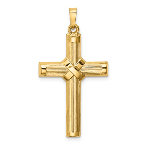 14k Yellow Gold Hollow Polished Striped Cross with Wrapped Center 1in ...