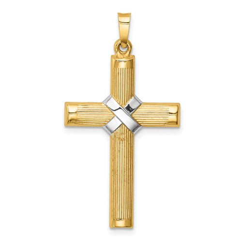 14k Yellow Gold Hollow Cross with Rhodium-plated Wrapped Center 1in