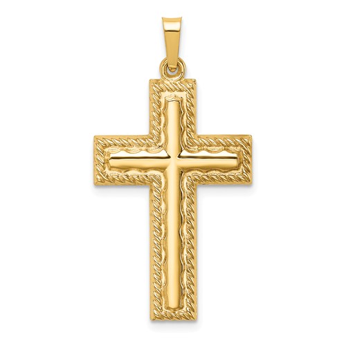 14k Yellow Gold Hollow Polished Latin Cross Pendant with Rope Edge 1in