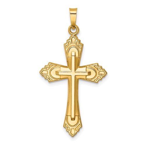 14k Yellow Gold Hollow Tapered Fleur de Lis Cross Pendant 1in