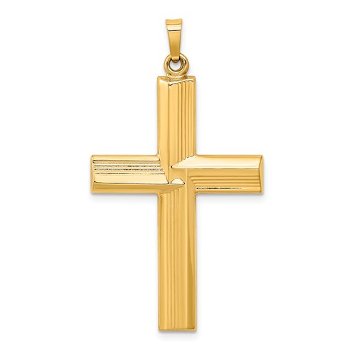 14k Yellow Gold Hollow Striped Design Latin Cross 1 1/4in