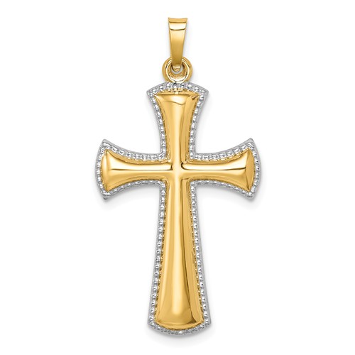 14k Yellow Gold Hollow Rhodium-plated Cross with Beaded Edge 1in