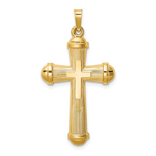 14k Yellow Gold Hollow Striped Tapered Cross with Center Cross 1in