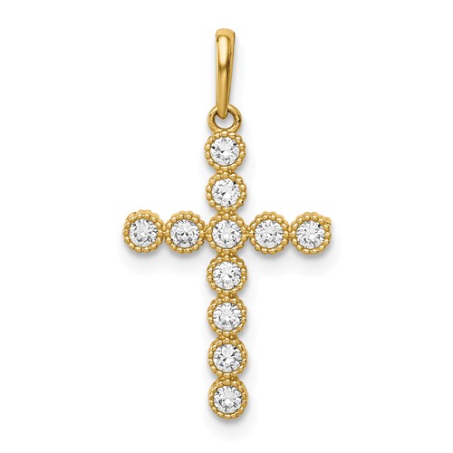 14k Yellow Gold CZ Cross Pendant with Beaded Texture 5/8in