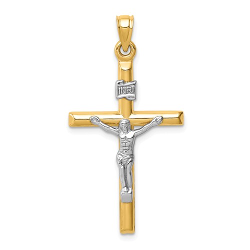 14k Two-tone Gold Tube INRI Crucifix Pendant 1.25in