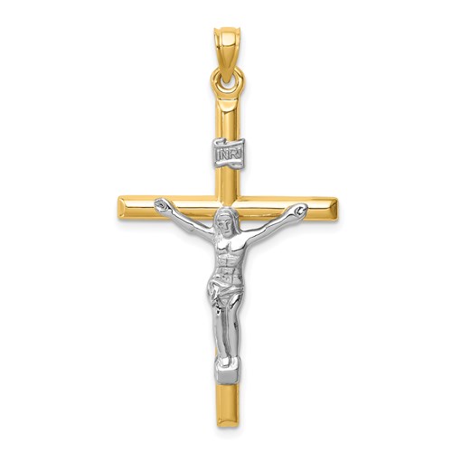 14k Two-Tone Gold Hollow Tube INRI Crucifix Pendant 1.5in