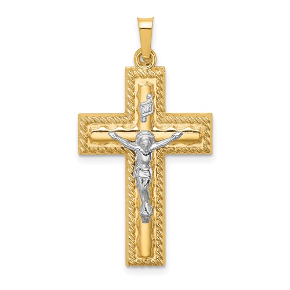14k Two-tone Gold Hollow Crucifix Pendant With Rope Edge 1in