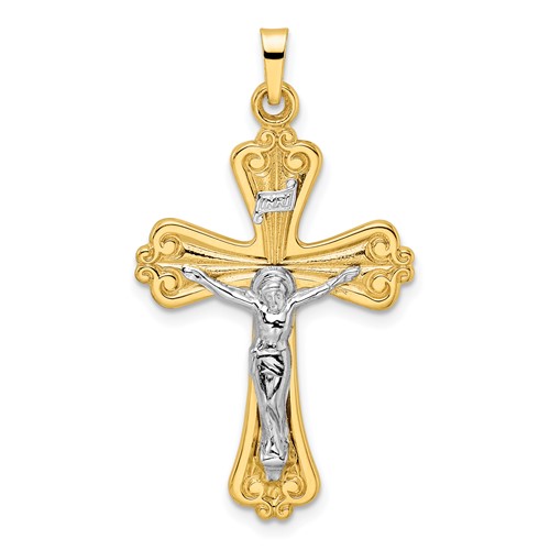 14k Two-tone Gold Budded INRI Crucifix Pendant 1.25in