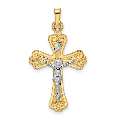 14k Two-tone Gold Budded INRI Crucifix Pendant 1in