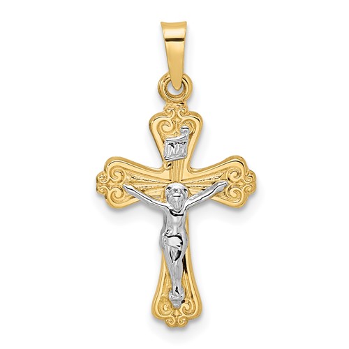 14k Two-tone Gold Budded INRI Crucifix Pendant 3/4in