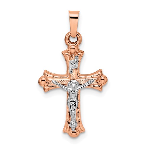 14k Rose And White Gold Fleur De Lis INRI Hollow Crucifix 3/4in