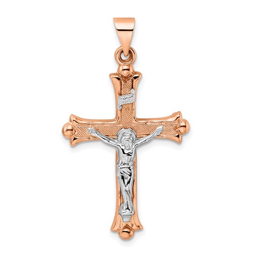 14k Rose and White Gold Fleur de Lis INRI Hollow Crucifix 1.25in