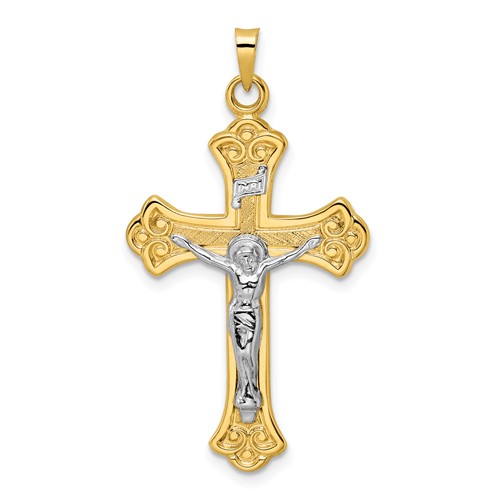 14k Two-Tone Gold INRI Fleur De Lis Crucifix Pendant 1.25in
