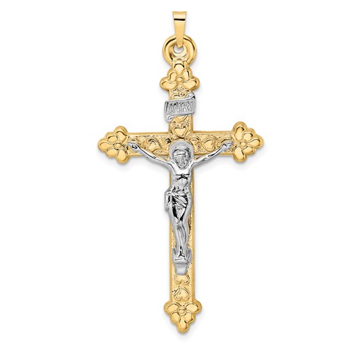 14k Two-Tone Gold Hollow INRI Budded Crucifix Pendant 1.75in