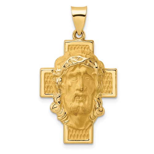 14k Yellow Gold Hollow Face of Jesus with Cross Pendant 1in