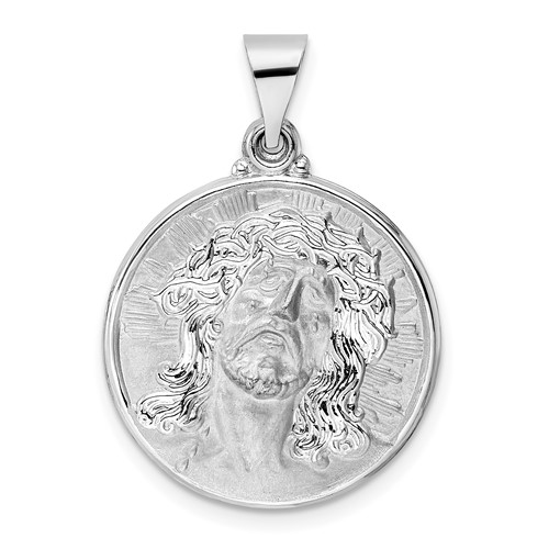 14k White Gold Hollow Round Face of Jesus Medal 3/4in