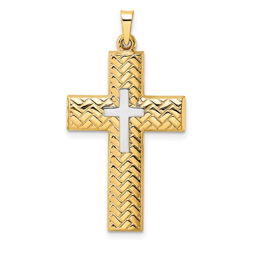 14k Two-Tone Gold Hollow Woven Double Cross Pendant 1.25in