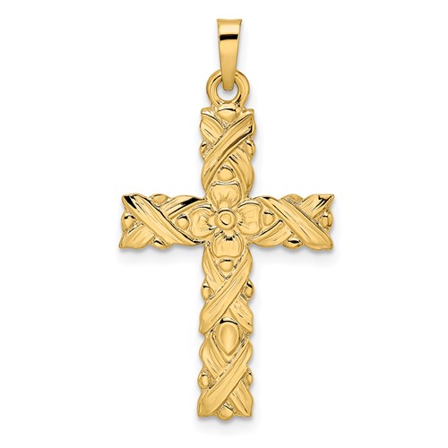 14k Yellow Gold Floral Latin Cross Pendant 1in