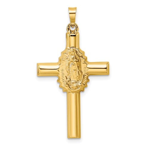 14k Yellow Gold Hollow Mother Mary Cross Pendant 1.25in
