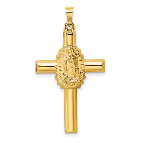 14k Yellow Gold Hollow Mother Mary Cross Pendant 1.25in