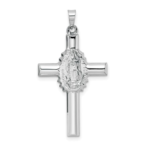 14k White Gold Hollow Mother Mary Cross Pendant 1.25in