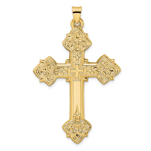 14k Yellow Gold Hollow Fancy Fleur De Lis Cross Pendant 2in