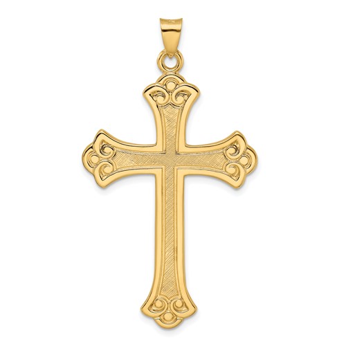 14k Yellow Gold Textured Fleur de Lis Cross Pendant 1.75in