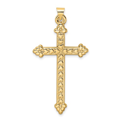 14k Yellow Gold Hollow Hearts Budded Cross Pendant 1 5/8in