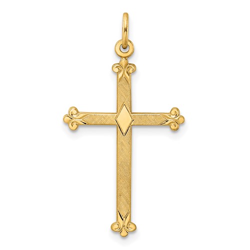 14k Yellow Gold Diamond Shape Budded Cross Pendant 1in
