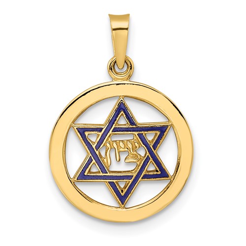14k Yellow Gold Round Star Of David Pendant with Blue Enamel 1/2in