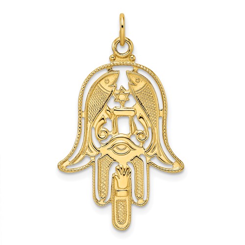 14k Gold Hamsa Pendant with Fish Figures 1in