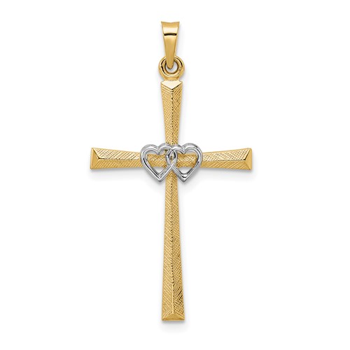 14k Two-Tone Gold Two Hearts Cross Pendant 1.25in