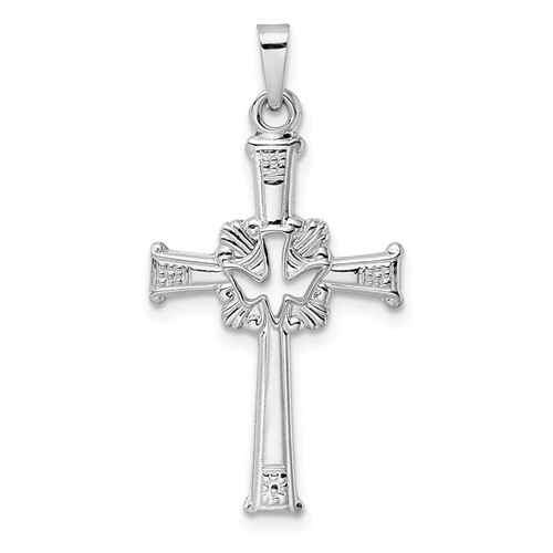 14k White Gold Cut Out Dove Cross Pendant 1in