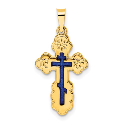 14k Yellow Gold Eastern Orthodox Blue Enamel Cross Pendant 3/4in