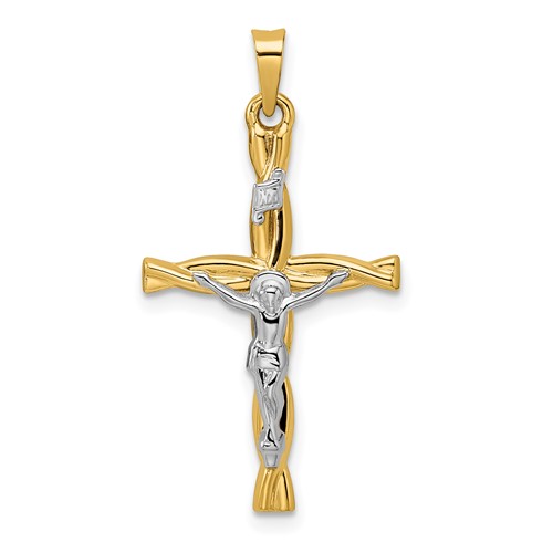 14k Two-tone Gold Hollow INRI Twisted Crucifix Pendant 1in